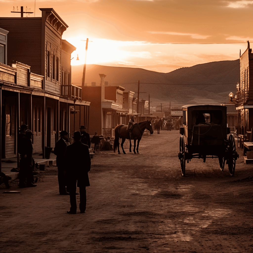 Sunset on a dirt street at the OK Corral. Horse, carriage, and people mingle.